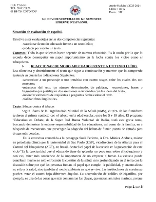 Première page de Espagnol Tle A1, Tle A2 — 1er devoir surveillé, 1er semestre (2023-2024) · CEG Yagbe
