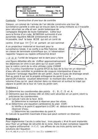 Première page de Mathématiques Tle D — 1er devoir surveillé, 2e semestre (2018-2019) · CEG2 ABOMEY - CALAVI (CEG ZOCA)