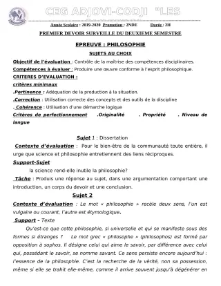 Première page de Philosophie 2nde B, 2nde D — 1er devoir surveillé, 2e semestre (2019-2020) · CEG ADJOVICODJI 'LES OLIVIERS'