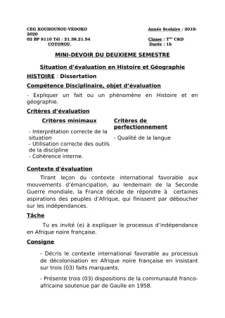 Première page de Histoire-Géographie Tle C, Tle D — Devoir surveillé, 2e semestre (2019-2020) · CEG Kouhounou-Vêdoko