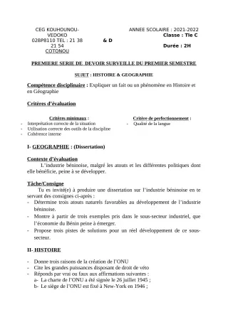 Première page de Histoire-Géographie Tle C, Tle D — 1er devoir surveillé, 1er semestre (2021-2022) · CEG Kouhounou-Vêdoko