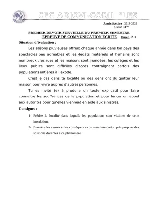 Première page de Français 3e, 3e ML — 1er devoir surveillé, 1er semestre (2019-2020) · CEG ADJOVICODJI 'LES OLIVIERS'