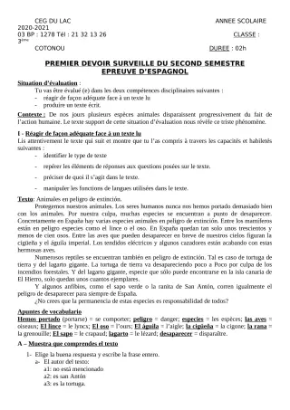 Première page de Espagnol 3e ML — 1er devoir surveillé, 2e semestre (2020-2021) · CEG du Lac
