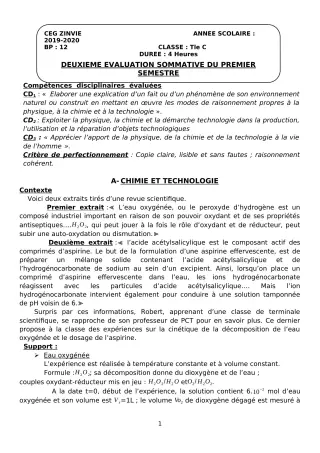 Première page de PCT Tle C — 2e évaluation sommative, 1er semestre (2019-2020) · CEG Zinvié