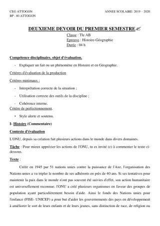 Première page de Histoire-Géographie Tle A & B, Tle A1, Tle A2, Tle B — 2e devoir surveillé, 1er semestre (2019-2020) · CEG Attogon