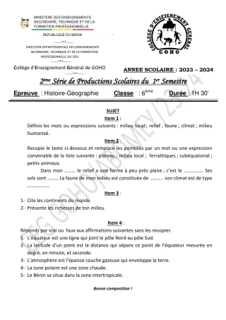 Première page de Histoire-Géographie 6e — 2e production scolaire, 1er semestre (2023-2024) · CEG GOHO