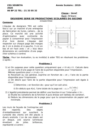 Première page de Mathématiques 1ère C — 2e production scolaire, 2e semestre (2019-2020) · CEG SEGBEYA