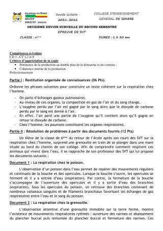 Première page de SVT 6e — 2e devoir surveillé, 2e semestre (2021-2022) · CEG SEKERE