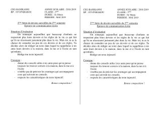 Première page de Français 5e — 2e devoir surveillé, 2e semestre (2018-2019) · CEG Banikanni