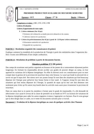 Première page de SVT 1ère D — 1re production scolaire, 2e semestre (2020-2021) · CEG 1 Akpakpa-Centre