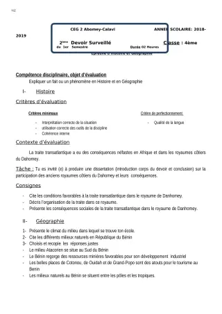 Première page de Histoire-Géographie 4e, 4e ML — 2e devoir surveillé, 1er semestre (2018-2019) · CEG2 ABOMEY - CALAVI (CEG ZOCA)