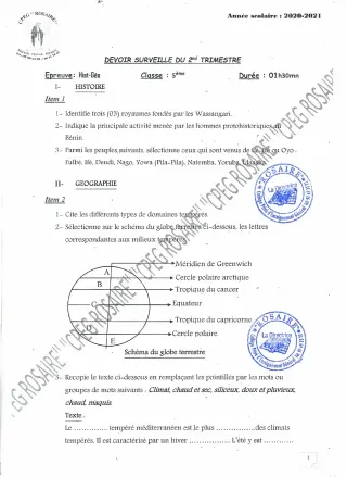Première page de Histoire-Géographie 5e — 1er devoir surveillé, 2e trimestre (2020-2021) · CPEG ROSAIRE