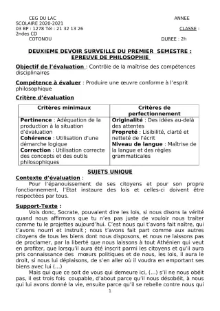 Première page de Philosophie 2nde C, 2nde D — 2e devoir surveillé, 1er semestre (2020-2021) · CEG du Lac