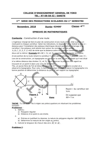 Première page de Mathématiques 4e, 4e ML — 1re production scolaire, 1er semestre (2018-2019) · CEG Yoko
