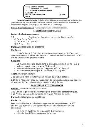 Première page de PCT 4e — 2e évaluation sommative, 2e semestre (2021-2022) · CEG2 ABOMEY - CALAVI (CEG ZOCA)