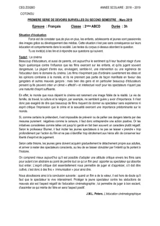 Première page de Français 2nde A, 2nde B, 2nde C, 2nde D — 1er devoir surveillé, 2e semestre (2018-2019) · CEG ZOGBO