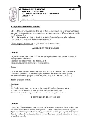 Première page de PCT 4e — 1er devoir surveillé, 1er semestre (2019-2020) · CEG 1 Akpakpa-Centre