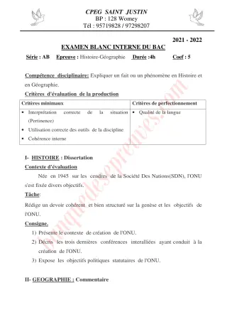 Première page de BAC blanc 2022 histoire géographie série ab cpeg saint justin