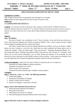 Première page de Anglais 5e — 1er devoir surveillé, 1er semestre (2019-2020) · CEG Hubert C. MAGA