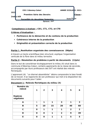 Première page de Mathématiques 2nde A & B — 1er devoir surveillé, 2e semestre (2021-2022) · CEG2 ABOMEY - CALAVI (CEG ZOCA)