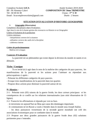 Première page de Histoire-Géographie 1ère A2, 1ère B, 1ère C, 1ère D — Composition, 3e trimestre (2019-2020) · CPEG LICA