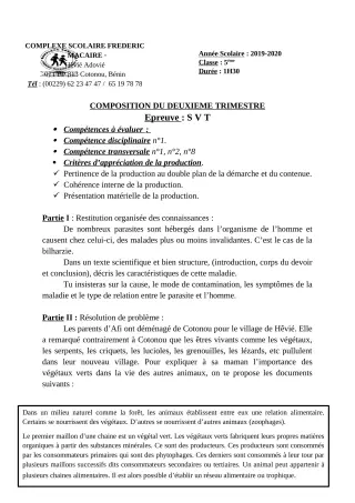 Première page de SVT 6e, 5e — Composition, 2e trimestre (2019-2020) · CPEG Frédéric Macaire