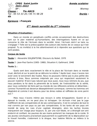Première page de Français Tle A1, Tle A2, Tle B, Tle C, Tle D — 2e devoir surveillé, 2e trimestre (2021-2022) · CPEG SAINT Justin