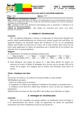 Première page de PCT 4e — 1re production scolaire, 2e semestre (2020-2021) · CEG 1 Agatogbo