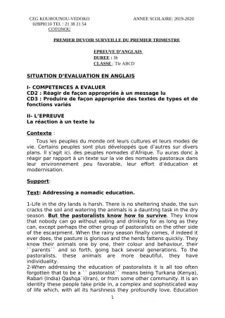 Première page de Anglais Tle A1, Tle A2, Tle B, Tle C, Tle D — 1er devoir surveillé, 1er trimestre (2019-2020) · CEG Kouhounou-Vêdoko