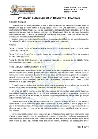 Première page de Français 1ère A, 1ère B, 1ère C, 1ère D — 2e devoir surveillé, 1er trimestre (2019-2020) · CPEG LE PHARAON