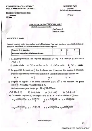 Première page de Mathématiques Bac 2025 – Burkina Faso – Série D 1er Tour