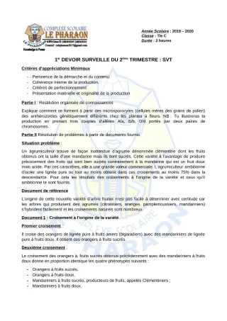 Première page de SVT Tle C — 1er devoir surveillé, 2e trimestre (2019-2020) · CPEG LE PHARAON