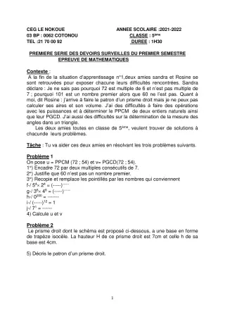Première page de Mathématiques 5e — 1er devoir surveillé, 1er semestre (2021-2022) · CEG LE NOKOUE