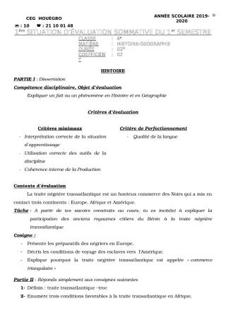 Première page de Histoire-Géographie 4e, 4e ML — Évaluation sommative, 1er semestre (2019-2020) · CEG HOUEGBO