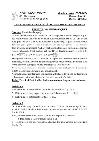 Première page de Mathématiques 2nde A2, 2nde B — 1er devoir surveillé, 1er trimestre (2023-2024) · CPEG SAINT Justin
