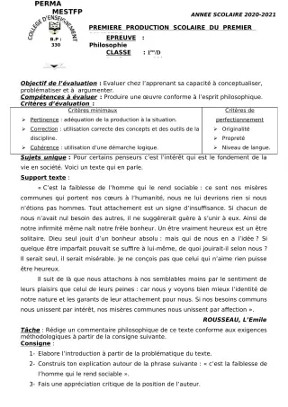Première page de Philosophie 2nde A, 2nde D, 1ère A, 1ère D, Tle A, Tle D — 1re production scolaire, 1er semestre (2020-2021) · CEG Perma