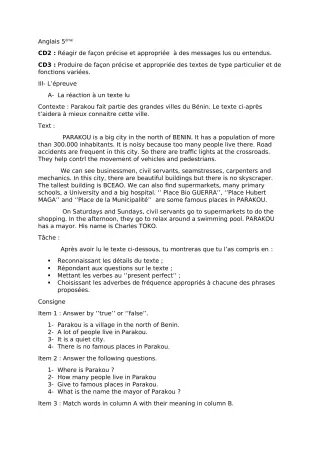 Première page de Devoir surveillé de ANGLAIS — 5e — CEG BAKA (2018)