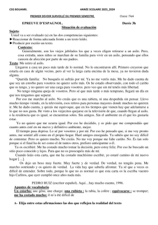 Première page de Espagnol Tle A2 — 1er devoir surveillé, 1er semestre (2023-2024) · CEG - BOUANRI