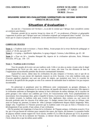 Première page de Français 1ère A2, 1ère B, 1ère D — 2e évaluation sommative, 2e semestre (2019-2020) · CEG Ahossougbéta