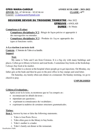 Première page de Anglais 6e — 2e devoir surveillé, 3e trimestre (2021-2022) · CPEG MARIA-CAROLE