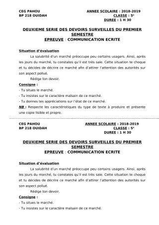 Première page de Français 5e — 2e devoir surveillé, 1er semestre (2018-2019) · CEG PAHOU