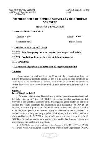 Première page de Anglais Tle A1, Tle A2, Tle B, Tle C, Tle D — 1er devoir surveillé, 2e semestre (2020-2021) · CEG Kouhounou-Vêdoko
