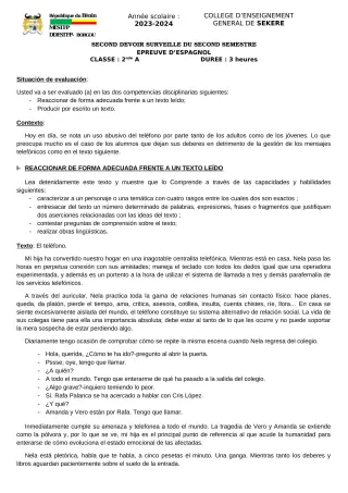 Première page de Espagnol 2nde A2 — 2e devoir surveillé, 2e semestre (2023-2024) · CEG SEKERE