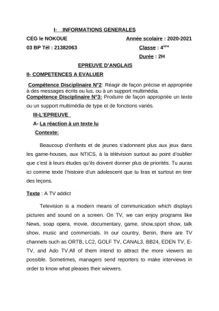 Première page de Devoir surveillé de ANGLAIS — 4e, 4e ML — CEG LE NOKOUE (2020)