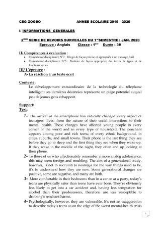 Première page de Anglais 1ère A1, 1ère A2, 1ère B, 1ère C, 1ère D — 2e devoir surveillé (2019-2020) · CEG ZOGBO