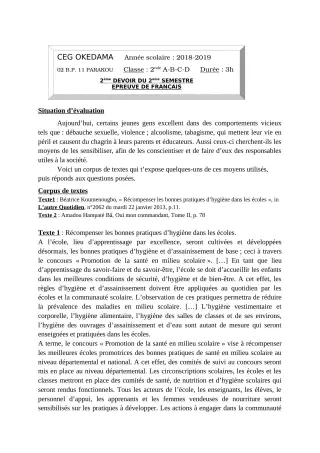 Première page de Français 2nde A1, 2nde A2, 2nde B, 2nde C, 2nde D — 2e devoir surveillé, 2e semestre (2018-2019) · CEG OKEDAMA