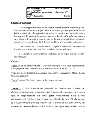 Première page de Français 1ère A & B — 1re évaluation sommative, 1er semestre (2023-2024) · CEG2 ABOMEY - CALAVI (CEG ZOCA)