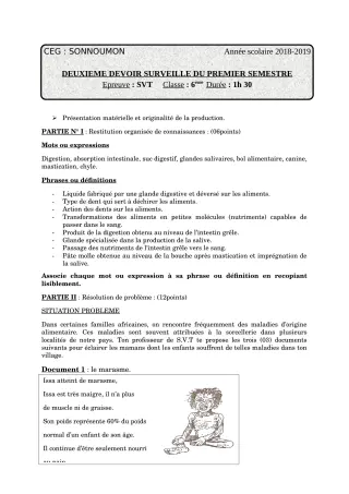 Première page de SVT 6e — 2e devoir surveillé, 1er semestre (2018-2019) · CEG SONNOUMON