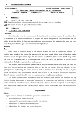Première page de Anglais 4e — 1er devoir surveillé (2020-2021) · CEG SEKERE
