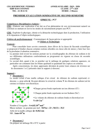 Première page de PCT 5e, 2nde C, 2nde D — 1re évaluation sommative, 2e semestre (2019-2020) · CEG Kouhounou-Vêdoko